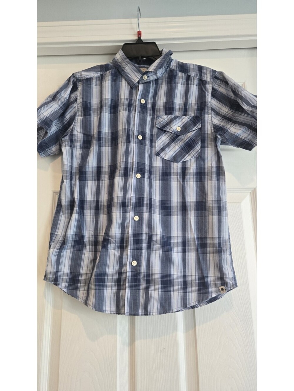 Lucky Brand Button Down Shirt Boys size Large Blue Plaid Cotton Short Sleeve
